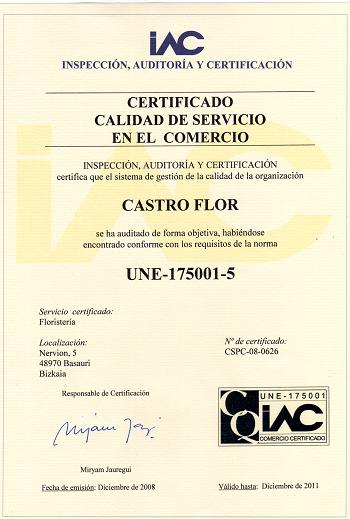 Castroflor obtiene el Certificado Calidad de Servicio en el Comercio UNE-175001-5.